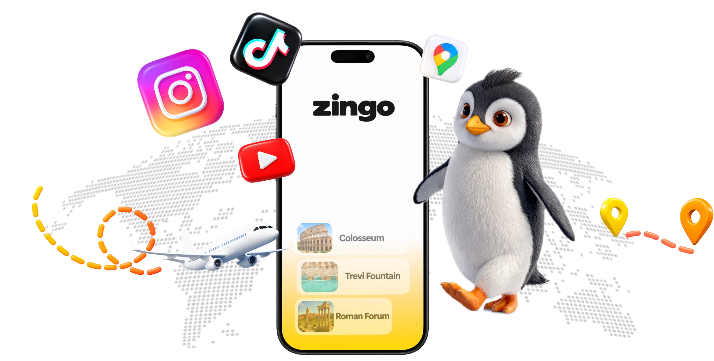 Zingo’s penguin beside a phone with saved places, social app icons, an aeroplane and a dotted globe