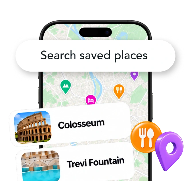 Search saved places with Colosseum and Trevi Fountain results on a map